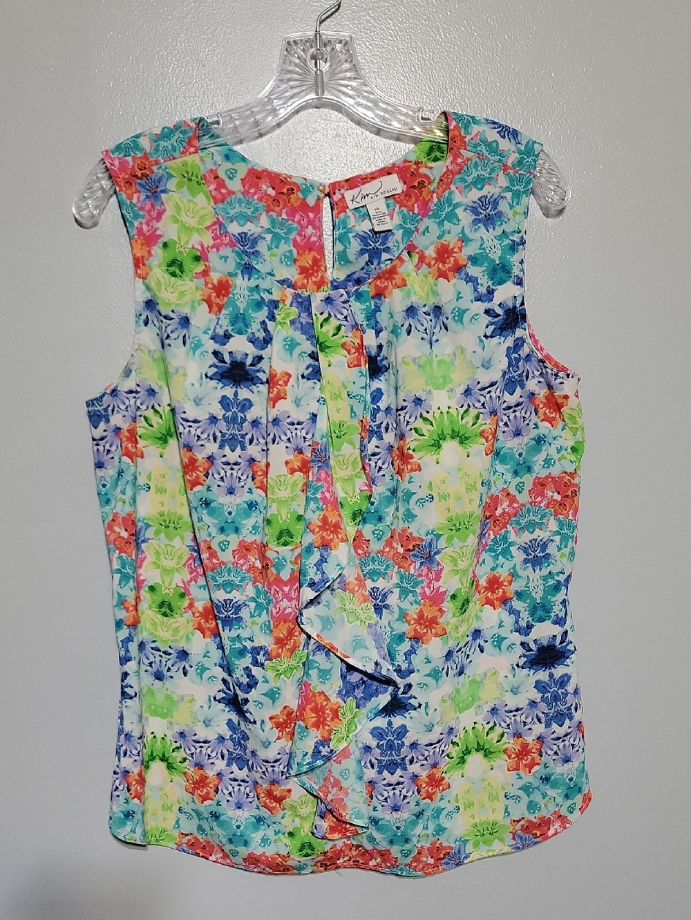 Kim Rogers Women's Vibrant Floral Print Sleeveless Ruffled Front Blouse Sz XL